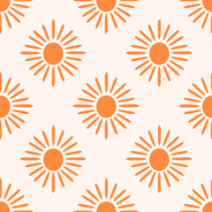Cute summer sun vector seamless pattern. Modern simple orange sun shapes on cream off-white background. Groovy boho celestial surface design for textile, fabric, home interior decor, cover, paper