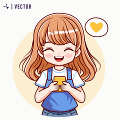 Cute little girl uses a smartphone. Kawaai girl is holding a gadget. Pastime in social networks. Internet addiction. Vector illustration in flat style