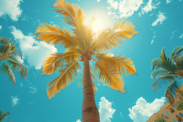 Palm tree on sky bottom view copy space