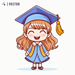 Kawaai Little girl graduating from kindergarten vector illustration. Girl with diplomas in graduation gowns and caps. Little schoolkids. Flat graphic vector illustration isolated on white background