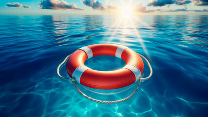 Life preserver floating on the surface of a clear blue  water