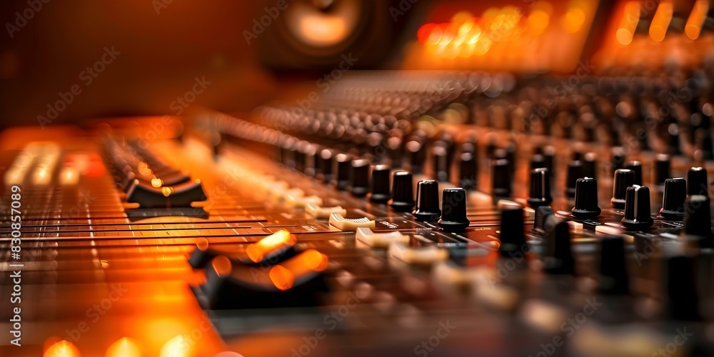 Poster closeup view of audio mixing console in a professional recording studio. concept audio engineering, 