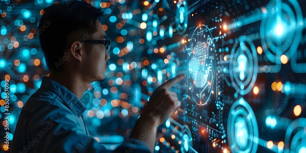 Poster a man interacts with a virtual graphic of global internet connectivity and artificial intelligence u