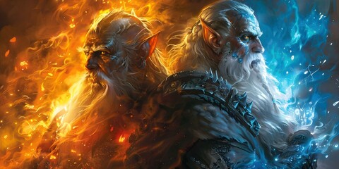 Digital painting of mage and orc guardian in blueorange flames with stunning lighting. Concept Fantasy Characters, Mage, Orc, Guardian, Digital Painting, Flames, Stunning Lighting