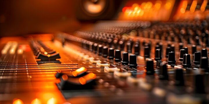 Closeup view of audio mixing console in a professional recording studio. Concept Audio Engineering, Recording Studio Equipment, Professional Setup, Mixing Console, Close-up Shot