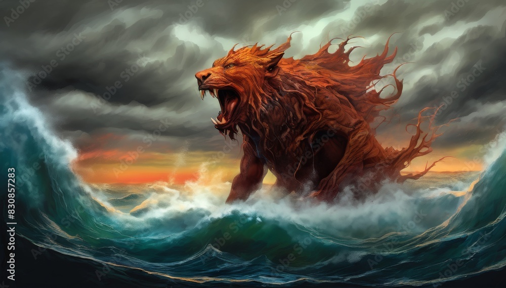 Poster a powerful image of a fiery lion emerging fiercely from the ocean waves against a dramatic stormy sk