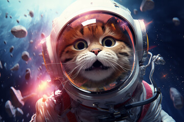 cat astronaut with big eyes and open mouth floating in space