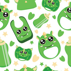 seamless pattern of set of baby things, namely rattle toy, pacifier, feeding bottle, bib and hat with animal image, namely dragon, for packaging, design or textile