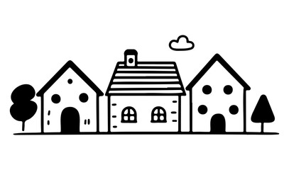 Fototapeta premium Minimalistic black and white illustration of three houses with trees and clouds in a cartoonish style.