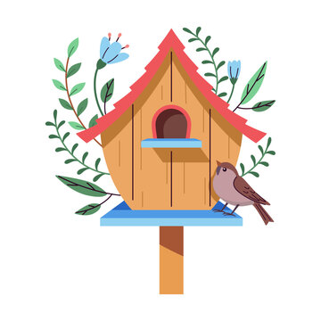 recommend clip art: Birdhouse with two stories and small terrace 2D cartoon object. Sparrow sitting on feeder flat line vector image on white background