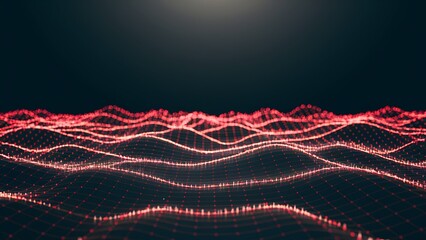 wireframe digital landscape with peaks and valleys on dark red background