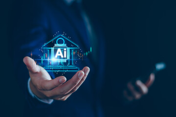 AI finance concept. Business man use AI technology to analyze financial, bank account, money...