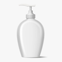 Dispenser bottle with mockup design realistic vector illustration. Liquid soap reusable plastic container 3d object on white background