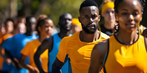 Group of athletes and volunteers in sports attire participating in a charity march. Concept Sports, Charity, Athletes, Volunteers, March