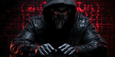 Hacker wearing a mask with digital effects on dark background. Concept Hacker, Mask, Digital Effects, Dark Background, Technology