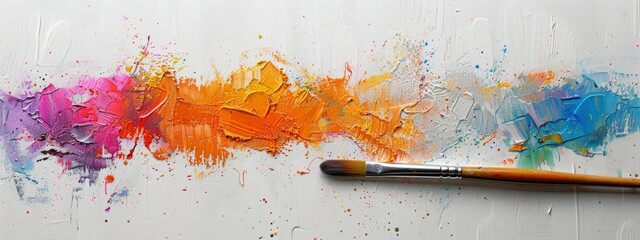 A lone paintbrush rests on the edge of a large, white canvas, with colorful splatters hinting at the creative possibilities.