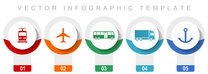 Transport icon set, miscellaneous vector icons such as train, plane, bus, truck and anchor, modern design infographic template, web buttons in 5 color options
