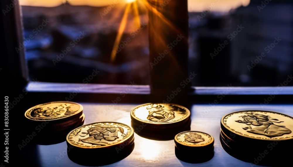 Poster golden coins on a windowsill, casting long shadows in the golden light of a setting sun with a citys