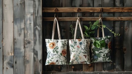 Cluster of organic cotton tote bags, adorned with vibrant nature-inspired prints, hangs on a rustic wall hook. This scene celebrates sustainable fashion with a touch of artistic flair