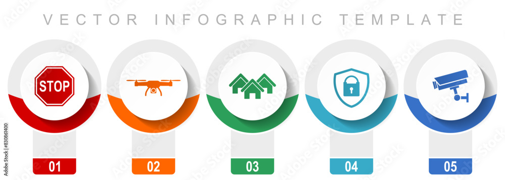 Poster Home security icon set, miscellaneous vector icons such as stop sign, drone, house, cctv camera and padlockfor webdesign and mobile applications, modern design infographic template, web buttons in 5 c