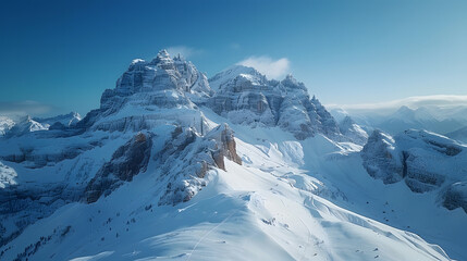 A photo featuring the snow-covered peaks of the Italian Alps captured from an aerial perspective with a drone. Highlighting the pristine white slopes and rugged mountain terrain, while surrounded by a