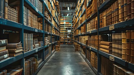 Fototapeta premium Library Bookshelves in a Dimly Lit Archive