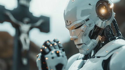 Fototapeta premium robot prays to God against the background of a cross