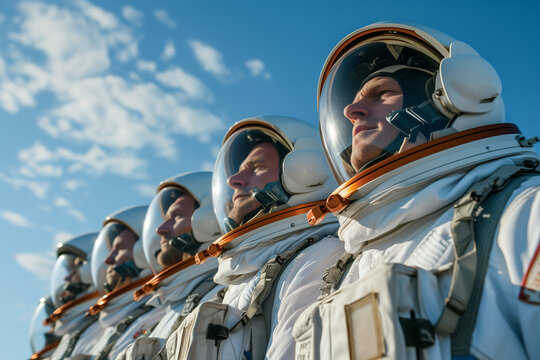 Row of astronauts in helmets against a clear sky backdrop. Generative AI image