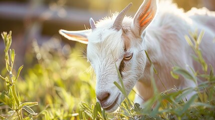 Goat eating outdoors in a close up shot