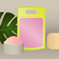 Vector Pastel Resealable Product Sachet Pouch in Pastel Pink and yellow Color 
minimal design mockup for Snack Cosmetics Healthcare Bath Salts Gift Food Accessory