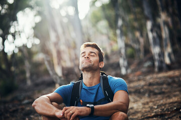 Man, hiking and rest with eyes closed in forest for health, break and fitness or survival in...