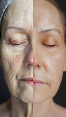 Skin wrinkles surgery before VS after face procedure, skin treatment to fix dull skin and wrinkles, rejuvenation, compare before and after, skincare
