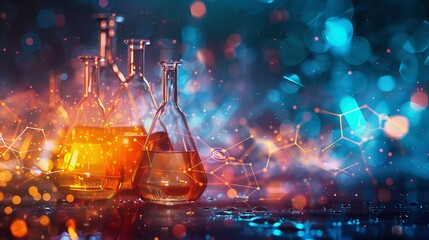 Three Chemistry Flasks with Colorful Bokeh and Molecular Structures