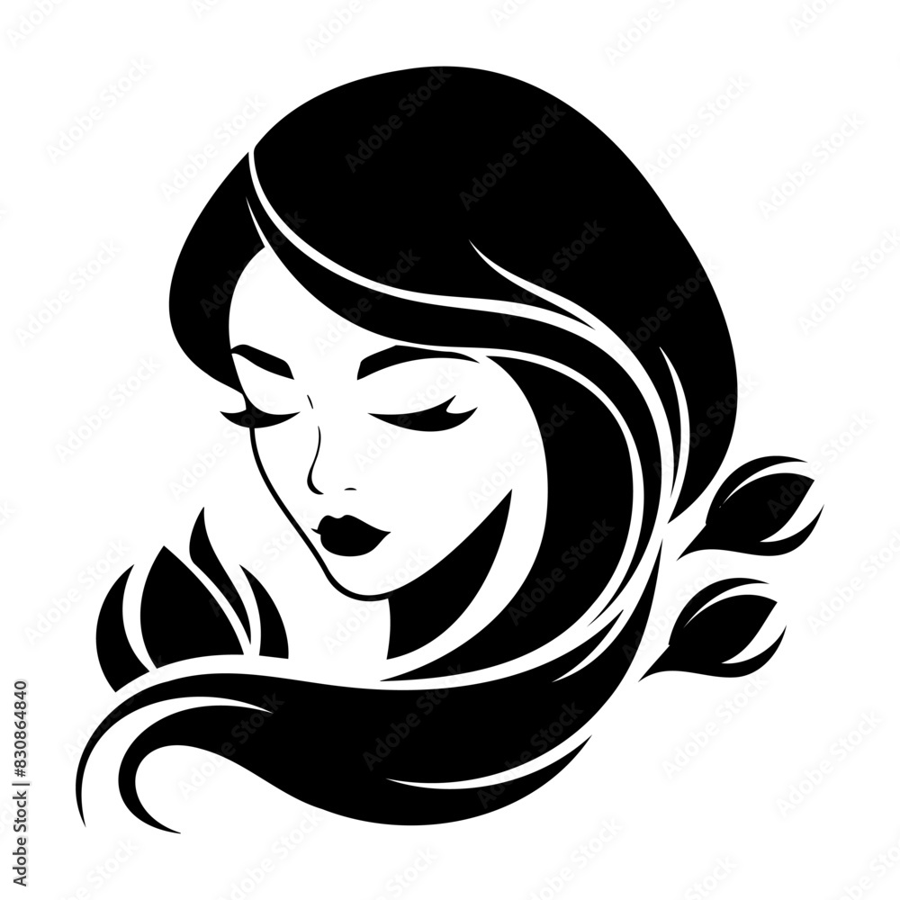 Wall mural illustration of women long hair style icon, logo women face on white background