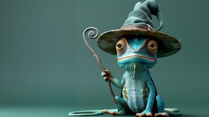 A chameleon wearing a wizard hat and holding a wand on a green background