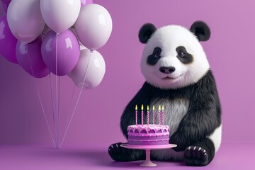A panda with a birthday cake and party balloons on a purple background