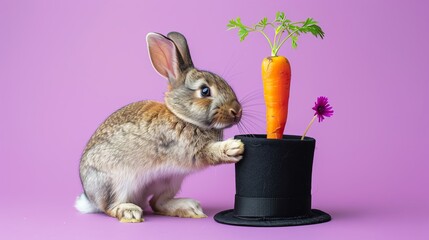 A rabbit in a magician's hat pulling a carrot out of a hat on a purple background