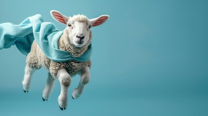 A sheep in a superhero blue veil costume flying against a light blue background