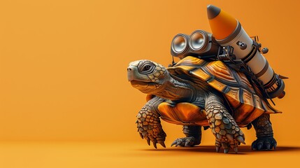 A turtle with a rocket pack strapped to its shell on an orange background
