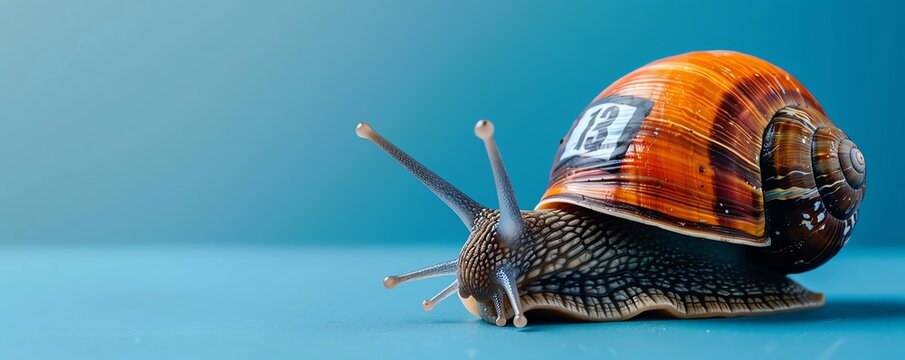 A snail with a racing helmet and number sticker it is at the right, on a blue background