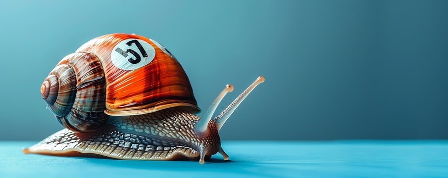 A snail with a racing helmet and number sticker , it is at the left, on a blue background