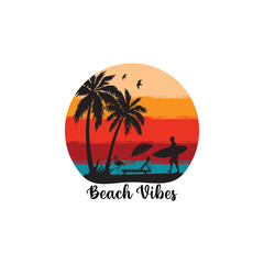 summer beach vibes phrase vintage circular t-shirt slogan design. Summer Beach Vacation T Shirts, Summer Surfing T Shirt with palm tree.