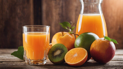 Fototapeta premium Glass bottles of various fruit juices. Glasses of fresh organic vegetable and fruit juices.