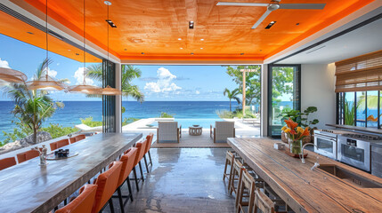 Fototapeta premium Natural orange shade dining room of a house resort by tropical beach