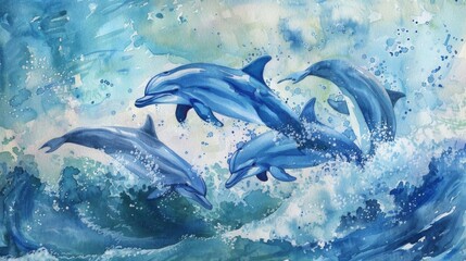Fototapeta premium .A pod of dolphins leaping through the waves..