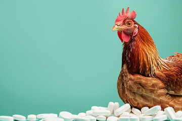 Brown chicken next to medical pills on blue studio background with copy space. Concept for antibiotics use in livestock and antibiotic resistance