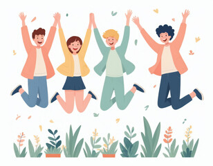 Group Of Young People Jumping With Joy, Plants On The Ground,  Ai Illustration With White Background