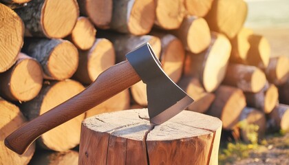 Closeup of a Sharp Axe on a Log: Rural Woodcutting Tool"