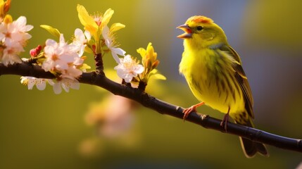 Obraz premium Joyful Canary Serenading in Spring Garden - Cheerful Bird on Tree Branch with Bright Yellow Feathers and Lively Expression