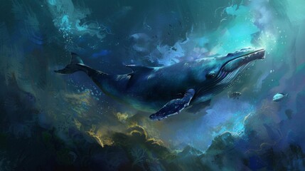 Mystical blue whale swims in the cosmic ocean of stardust and shining nebulae.